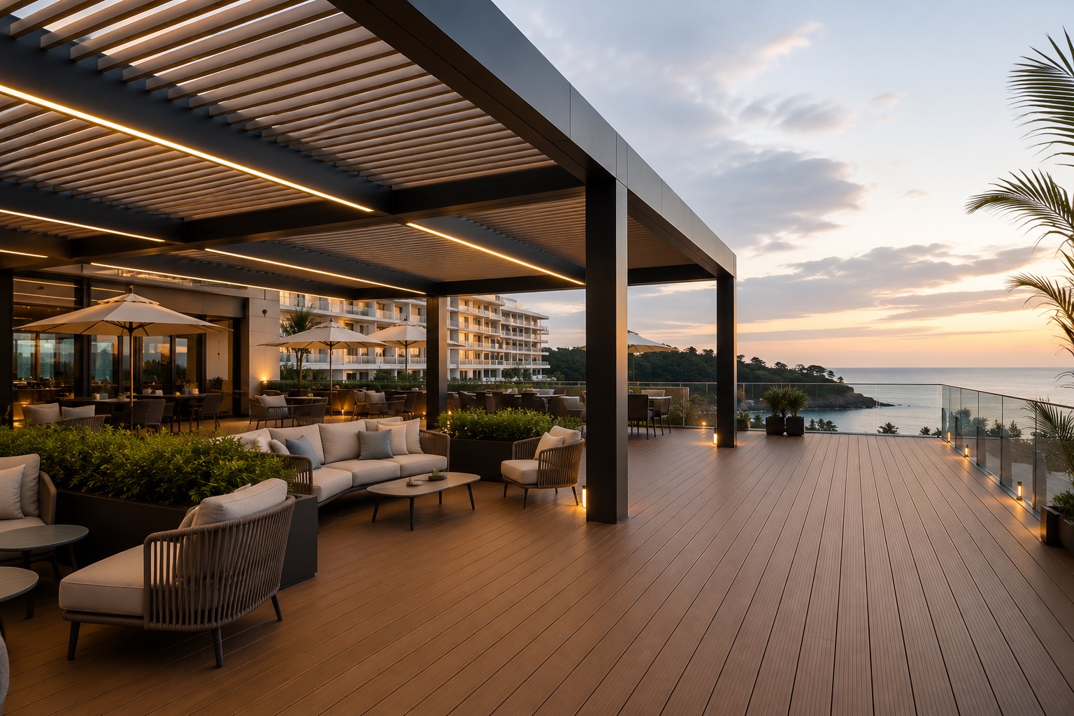 Hospitality garden and outdoor lounge with refined composite materials