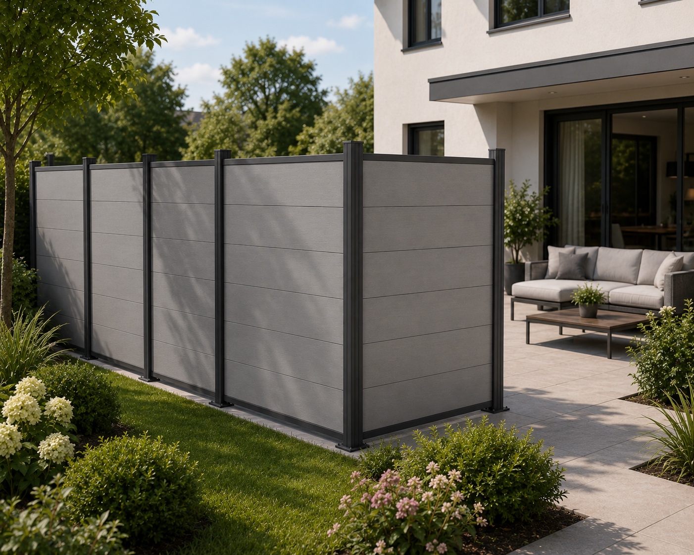 NEXTWOOD stepped composite privacy fencing with aluminum posts