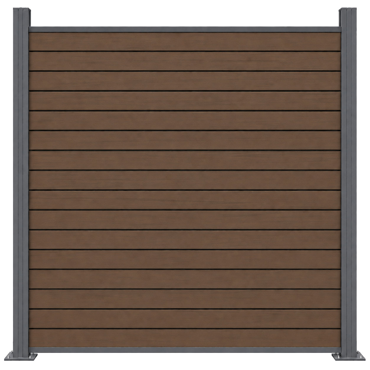 Shadowline horizontal composite privacy fence panel in wood tone with dark posts