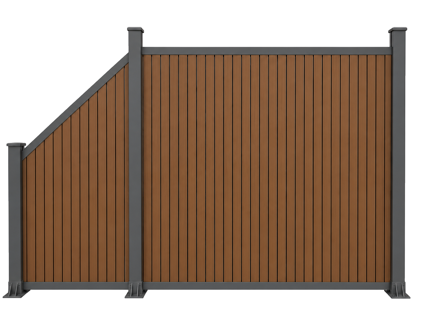 Stepped vertical composite fence with wood-look boards and dark posts