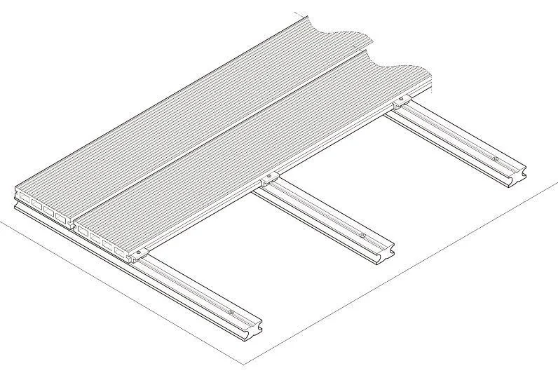 Diagram showing WPC decking boards fixed with plastic clips
