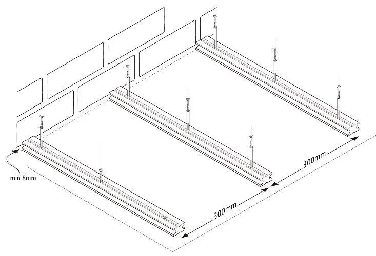 Diagramm mit WPC-Dielenlagern auf festem Untergrund und Abstandmarkierungen